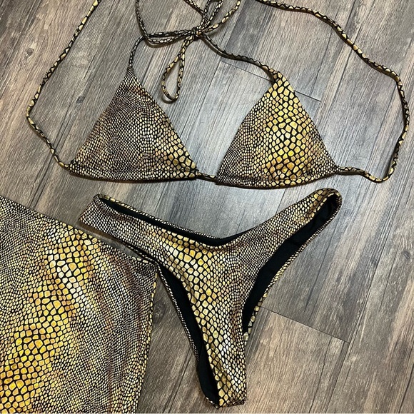 Swimwear Crocodile Print Set 3 Piece Bikini Bathing Suit With Cover Up Skirt M - Picture 10 of 16